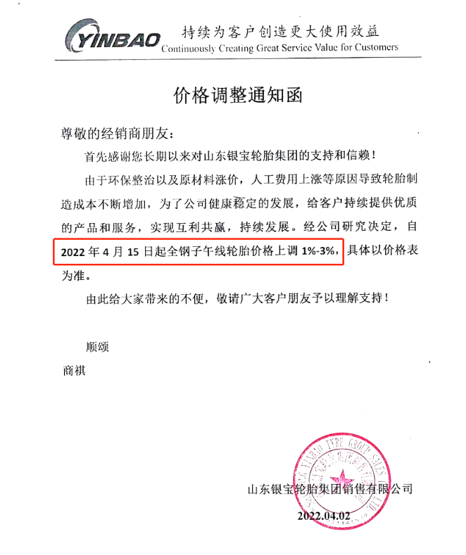 山東銀寶輪胎集團銷售有限公司發(fā)布調(diào)價通知
