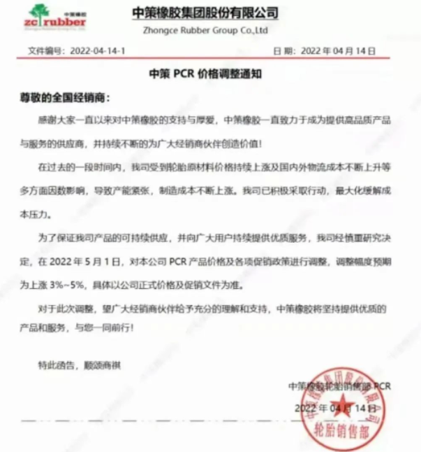 　中策橡膠決定從2022年5月1日起，對本公司PCR產(chǎn)品價格及各項促銷政策進(jìn)行調(diào)整，調(diào)整幅度預(yù)期為上漲3%-5%。