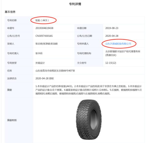 Wideway T/A AK3的專利申請(qǐng)人為是一家山東企業(yè)——山東沃德威輪胎有限公司。