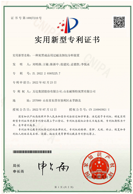 山東耐斯特炭黑公司自主完成的"一種具有除塵功能的炭黑壓縮機""一種炭黑成品用過磁及倒包分料裝置"2項成果順利通過審查，榮獲國家實用新型專利授權(quán)。