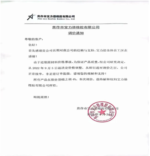 　焦作市寶力德橡膠宣布自9月5日起，所有產品在原價基礎上上調4%。