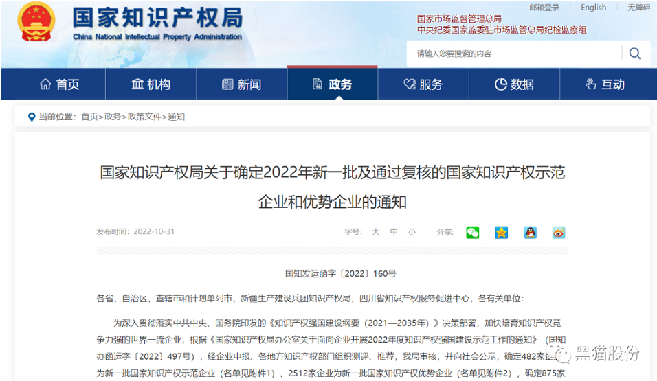 喜報(bào)！黑貓股份榮列2022年國(guó)家知識(shí)產(chǎn)權(quán)優(yōu)勢(shì)企業(yè)