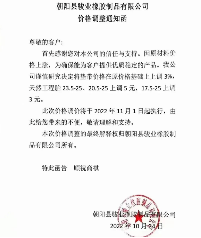 朝陽縣駿業(yè)橡膠制品有限公司表示，11月1日起墊帶產品價格上調3%，天然工程胎23.5-25、20.5-25上調5元，17.5-25上調3元。