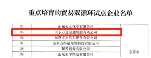 萬達(dá)寶通輪胎公司入選山東省重點(diǎn)培育貿(mào)易雙循環(huán)試點(diǎn)企業(yè) 萬達(dá)寶通輪胎公司入選山東省重點(diǎn)培育貿(mào)易雙循環(huán)試點(diǎn)企業(yè)