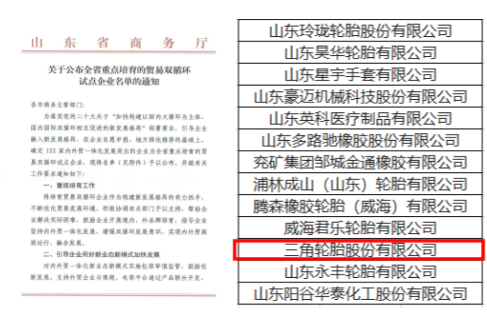 三角輪胎作為內(nèi)外貿(mào)發(fā)展突出的企業(yè)和資源綜合利用的先進(jìn)單位，成功入選兩項(xiàng)名單。