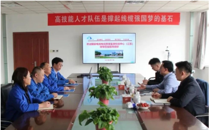 國家電線電纜質(zhì)量檢驗(yàn)檢測中心(江蘇)吳江主任一行蒞臨青島豪邁電纜集團(tuán)有限公司進(jìn)行考察調(diào)研。雙方就品質(zhì)管理、檢驗(yàn)試驗(yàn)?zāi)芰Φ确矫嬲归_交流。