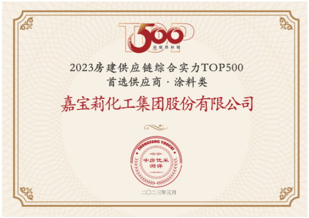 日前，房建供應鏈綜合實力TOP500-首選供應商服務商品牌測評研究報告發(fā)布，嘉寶莉憑借綜合實力再次蟬聯(lián)房建供應鏈綜合實力TOP500強首選供應商(涂料類)榜單，并連續(xù)7年蟬聯(lián)該榜單。同時，嘉寶莉攬獲另外其他10項大獎。