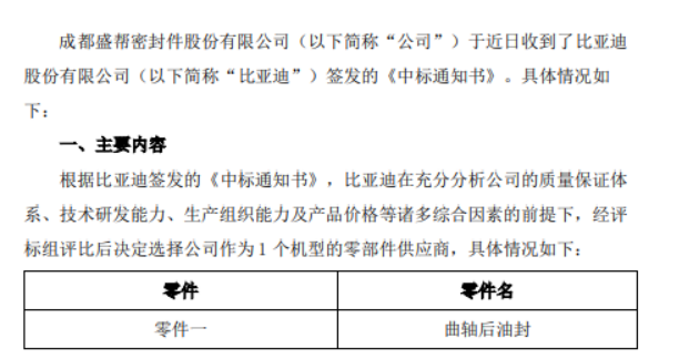 盛幫股份宣布，其子公司成都盛幫密封件股份有限公司近日收到了比亞迪股份有限公司的中標(biāo)通知書，將為比亞迪一款機(jī)型提供曲軸后油封零部件。