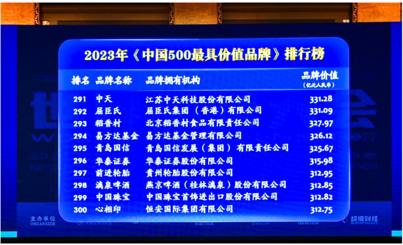 貴州輪胎前進(jìn)品牌以312.95億元人民幣的價(jià)值位列2023年(第二十屆)中國500最具價(jià)值品牌第297名。與去年相比，貴州輪胎前進(jìn)品牌的品牌價(jià)值增加了42.3億元人民幣，進(jìn)一步鞏固了其在國內(nèi)市場(chǎng)的地位，并成功進(jìn)軍國際化品牌陣營。