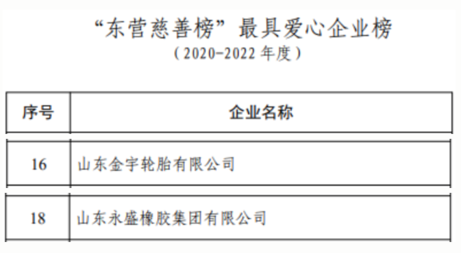 與此同時(shí)，金宇輪胎和永盛橡膠還榜上有名，入選了東營(yíng)市最具愛心企業(yè)榜，這反映出這些企業(yè)在社會(huì)公益事業(yè)上的積極參與和貢獻(xiàn)。
